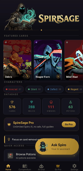 SpireSage home screen showing Slay the Spire 2 game database with cards, relics, and enemies